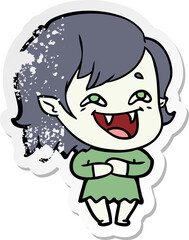distressed sticker of a cartoon laughing vampire girl