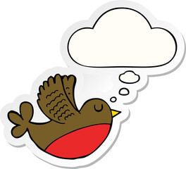 cartoon flying bird with thought bubble as a printed sticker