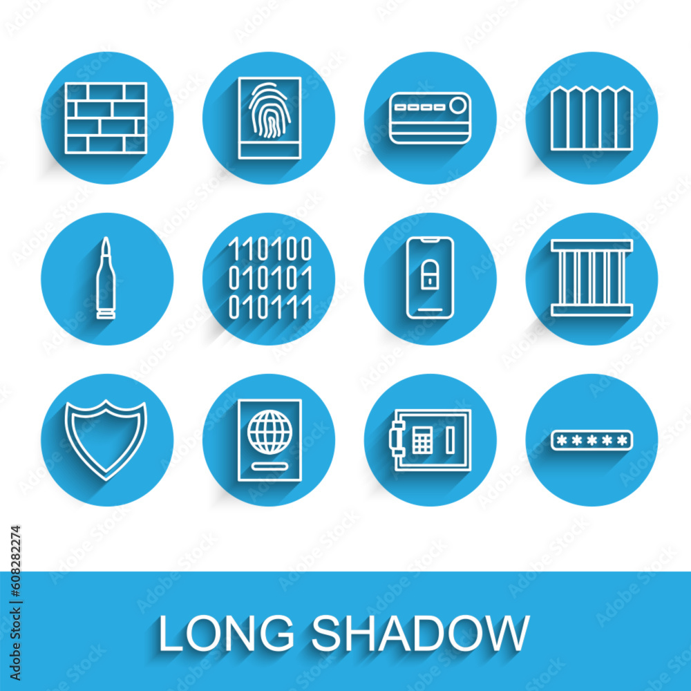 Poster set line shield, passport, bricks, safe, password protection, binary code, prison window and mobile 