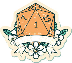 Retro Tattoo Style natural one d20 dice roll