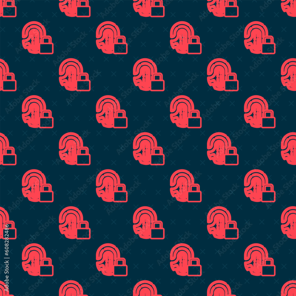 Poster red line fingerprint with lock icon isolated seamless pattern on black background. id app icon. iden