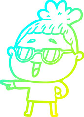 cold gradient line drawing of a cartoon happy woman wearing spectacles