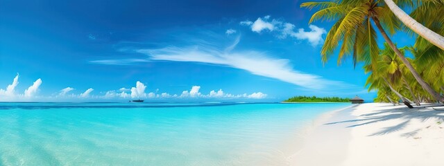 Beautiful beach with white sand, turquoise ocean, blue sky with clouds and palm tree over the water on a Sunny day. Maldives, perfect tropical landscape, ultra wide format
