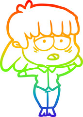 rainbow gradient line drawing of a cartoon tired woman