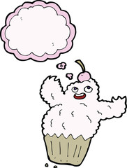 cartoon cupcake monster with thought bubble