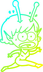 cold gradient line drawing of a cartoon shocked alien girl