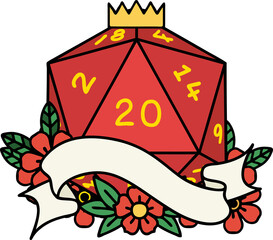 Retro Tattoo Style natural twenty D20 dice roll