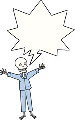 cartoon skeleton wearing pajamas with speech bubble