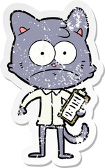 distressed sticker of a cartoon cat with clipboard
