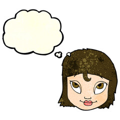 cartoon woman smiling with thought bubble