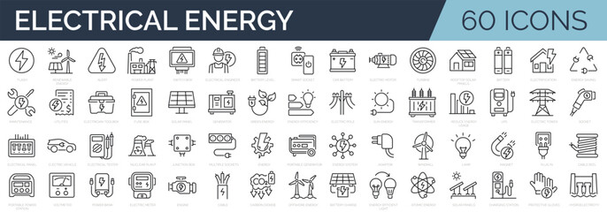 Set of 60 line icons related to energy, electrical energy, electricity. Outline icon collection. Vector illustration. Editable stroke - obrazy, fototapety, plakaty