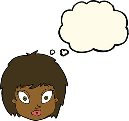 cartoon surprised female face with thought bubble