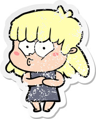 distressed sticker of a cartoon whistling girl