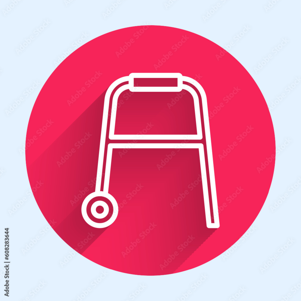Poster white line walker for disabled person icon isolated with long shadow. red circle button. vector