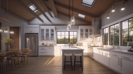 Fototapeta na wymiar Modern spacious country style kitchen with dining area. White cabinets, wooden kitchen island with worktop and bar stools. Generative AI