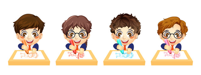 Cute boy and girl student coloring with a crayon, back to school, education, print, artwork, doodle, vector illustration (Vector)