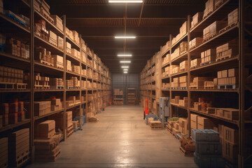 A hyper-realistic image of a warehouse with rows of shelves stocked with various items.