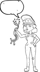 freehand drawn speech bubble cartoon electrician woman