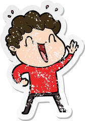 distressed sticker of a cartoon happy man