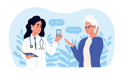 World Diabetes Day banner. A young smiling female doctor measures the sugar level of an elderly woman with a glucometer. Family doctor.