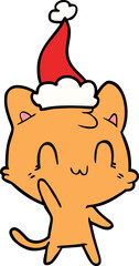 hand drawn line drawing of a happy cat wearing santa hat