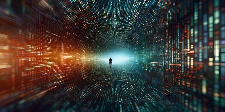 digital city of binary codes, surreal cinematic motion blur background. generative AI