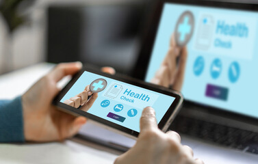 Human use phone with medical health check up, healthcare, hospital, insurance, mental health care, medical, good health, online medical, doctor caregiver and check up patient concept