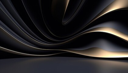 Beautiful black abstract luxury background with 3D texture of wavy lines with golden elements and smooth podium