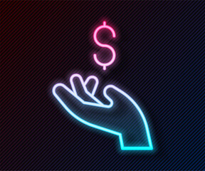 Glowing neon line Hand holding coin money icon isolated on black background. Dollar or USD symbol. Cash Banking currency sign. Vector