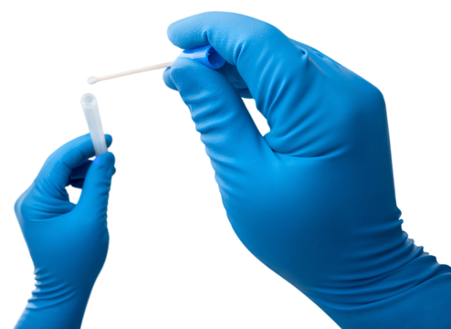 Medical Technologist holding swab for Covid-19 New Variant test at medical laboratory.
