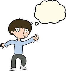 cartoon boy waving warning with thought bubble