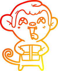 warm gradient line drawing of a crazy cartoon monkey with christmas present