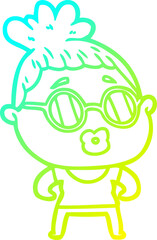 cold gradient line drawing of a cartoon woman wearing spectacles