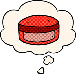 cartoon beauty lotion tub with thought bubble in comic book style