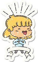 worn old sticker of a tattoo style girl sticking out tongue