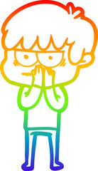 rainbow gradient line drawing of a annoyed cartoon boy