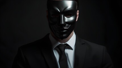 Concept of a liar, a man in a suit wearing black mask. Hiding his true identity, intentions, or actions. The sense of manipulation. A powerful representation of dishonesty and deception. Generative AI - obrazy, fototapety, plakaty