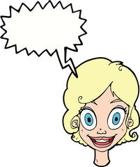 Cartoon happy woman with speech bubble
