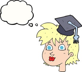 freehand drawn thought bubble cartoon woman wearing graduate cap