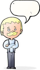 cartoon man with mustache with speech bubble