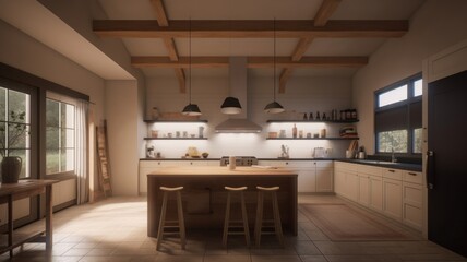 Fototapeta na wymiar Modern spacious scandi style kitchen, white cabinets, exposed shelves and ceiling beams, wooden kitchen island with worktop and bar stools. Generative AI