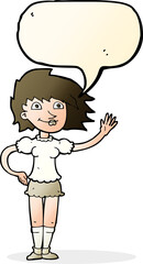 cartoon woman waving with speech bubble
