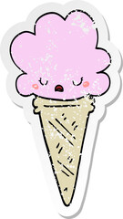 distressed sticker of a cartoon ice cream with face