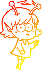 warm gradient line drawing of a cartoon alien girl