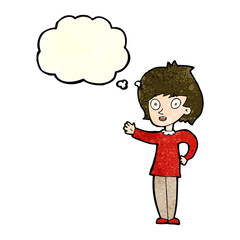 cartoon happy woman with thought bubble