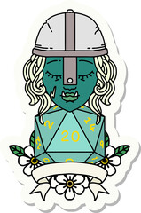 sticker of a half orc fighter with natural twenty dice roll