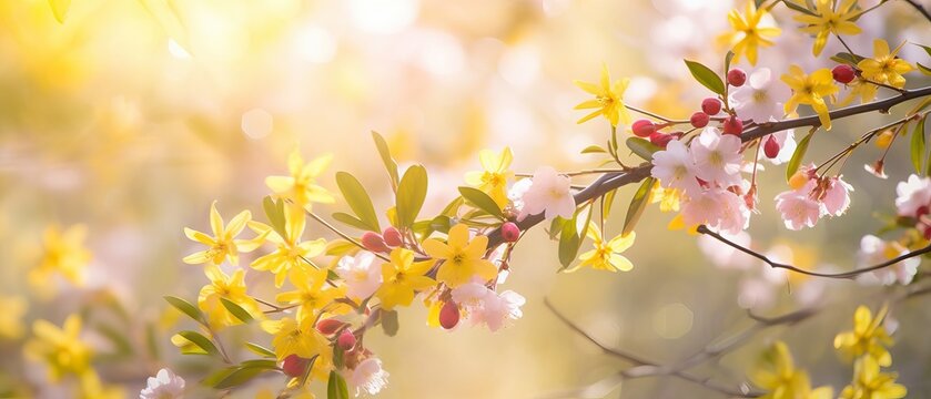 Beautiful blurred spring background image with branches of flowering myiosa in nature in the rays of sunlight outdoors