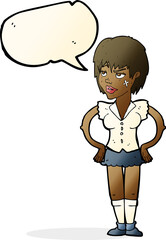 cartoon tough woman with hands on hips with speech bubble