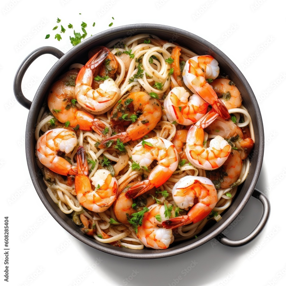 Wall mural delicious pan of shrimp scampi on a white background (generative ai)