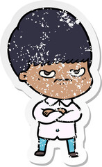 distressed sticker of a annoyed cartoon boy